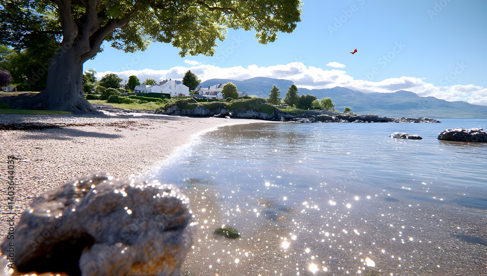 Sunny Coastal Landscape with Blue Sea Sparkling Waters and Distant Mountain Scenery in Warm Sunlight