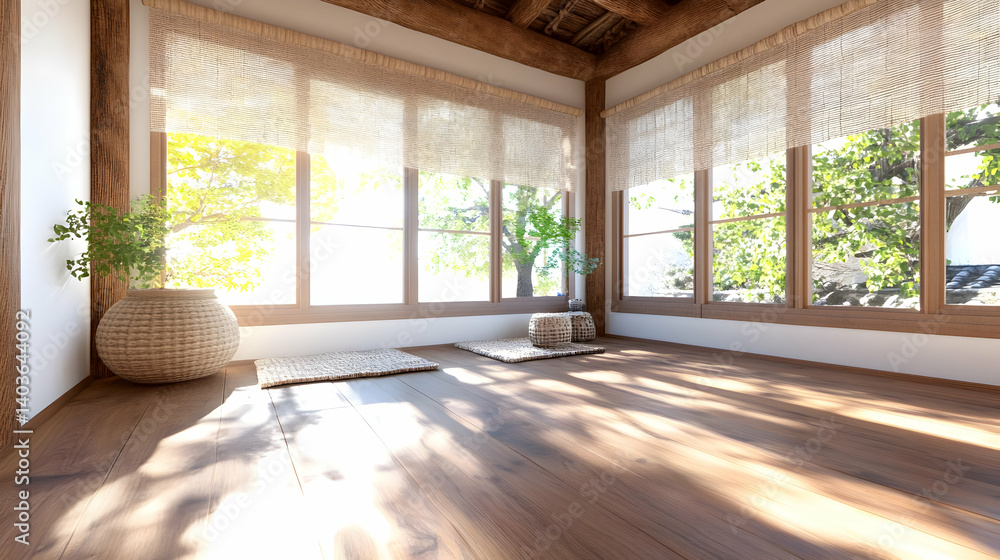 Sunlit Wooden Interior with Large Windows Plants and Neutral Color Palette Warm and Inviting Atmosphere