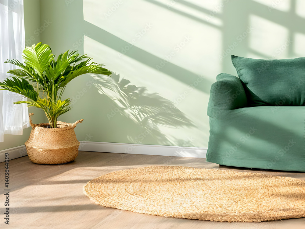 Sunny Interior with Green Armchair and Woven Rug by Green Plant in Living Room
