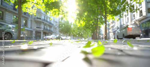 Sunny European Street with Green Leaves Falling on Pavement Between Buildings with Cars and Trees during Daylight