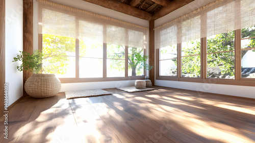 Obraz na płótnie Sunlit Wooden Interior with Large Windows Plants and Neutral Color Palette Warm and Inviting Atmosphere w salonie