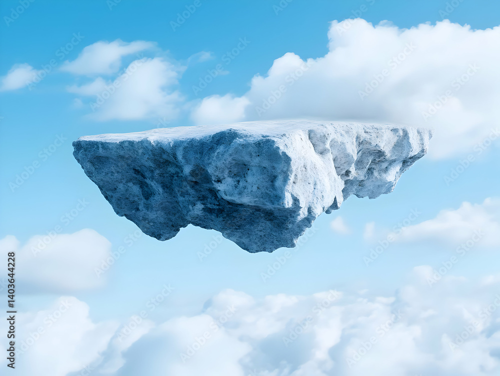Surreal Floating Island with Rocky Texture and Clouds in a Peaceful Blue Sky Environment