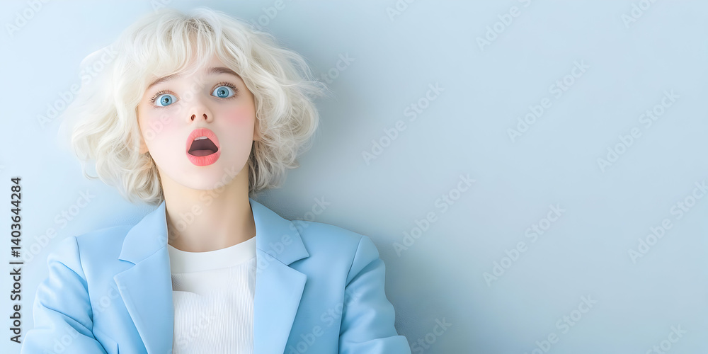 Surprised Young Woman With Blonde Curly Hair Wearing Blue Blazer and White Top Against Light Blue Background