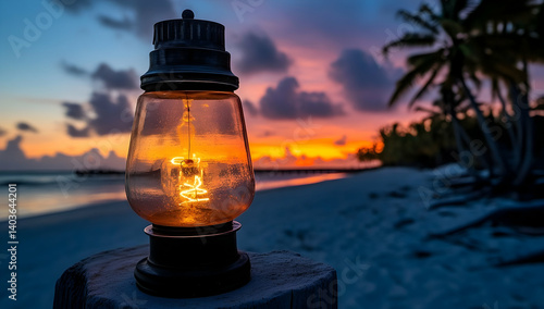 Obraz na płótnie Sunset Beach with Glowing Oil Lamp on Wood Post and Palm Trees Silhouettes at Tropical Island During Twilight Hour w salonie