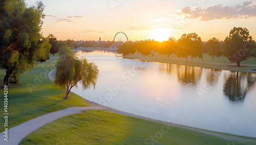 Obraz na płótnie Sunset over Lake and Park with Green Grass and Trees in Late Afternoon w salonie