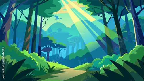 Sunlight filters through the lush canopy of the forest illuminating the vibrant greens and blues of the landscape.