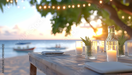 Sunset Beach Dinner Table Setting with Candles and Ocean Backdrop on Tropical Island