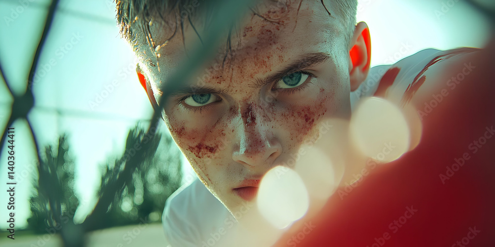 Sweaty Intense Portrait Of Determined Athletic Man With Blue Eyes Outdoors Under Bright Light