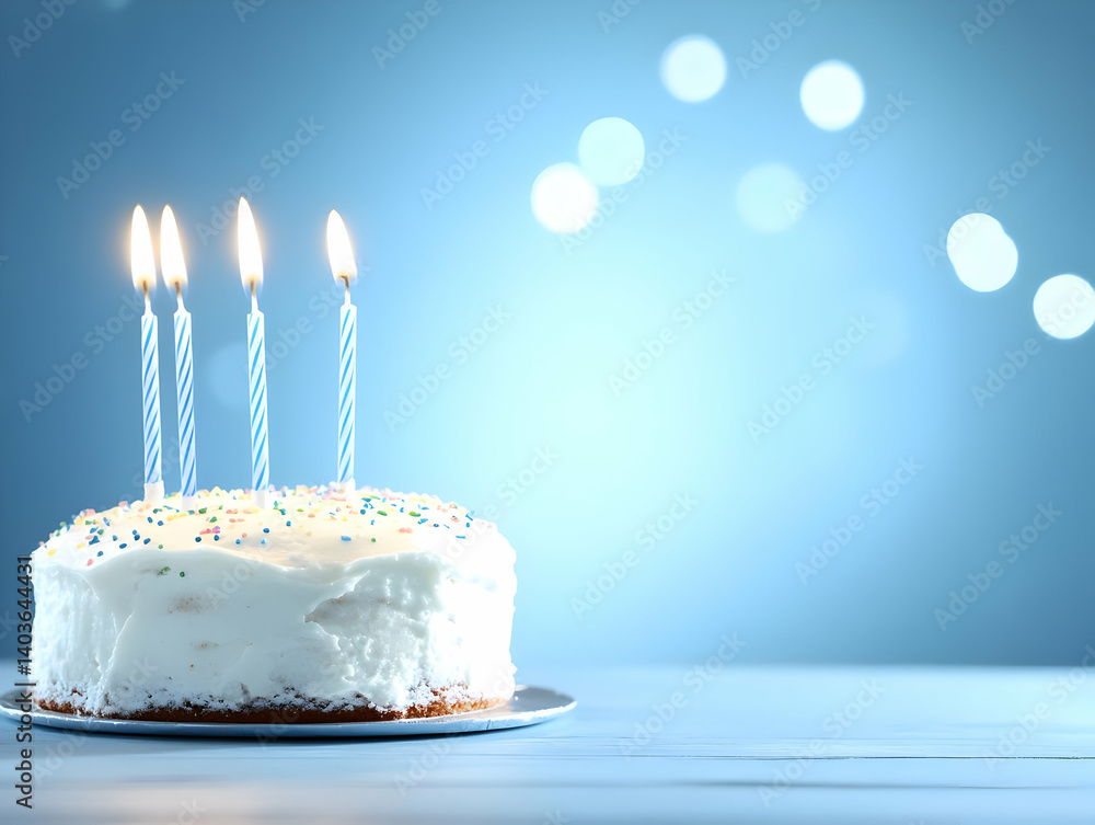 Sweet Birthday Cake with Four Candles on a Plate Against Blue Background with Bokeh Lights