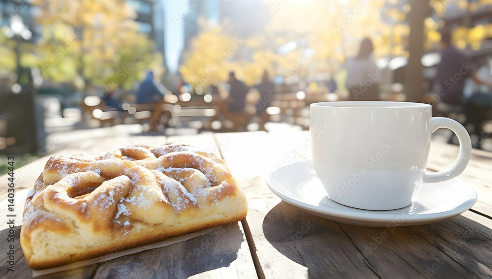 Sweet Cinnamon Roll and Hot Coffee on Rustic Table in Sunny Outdoor Cafe with Blurred City Park Background
