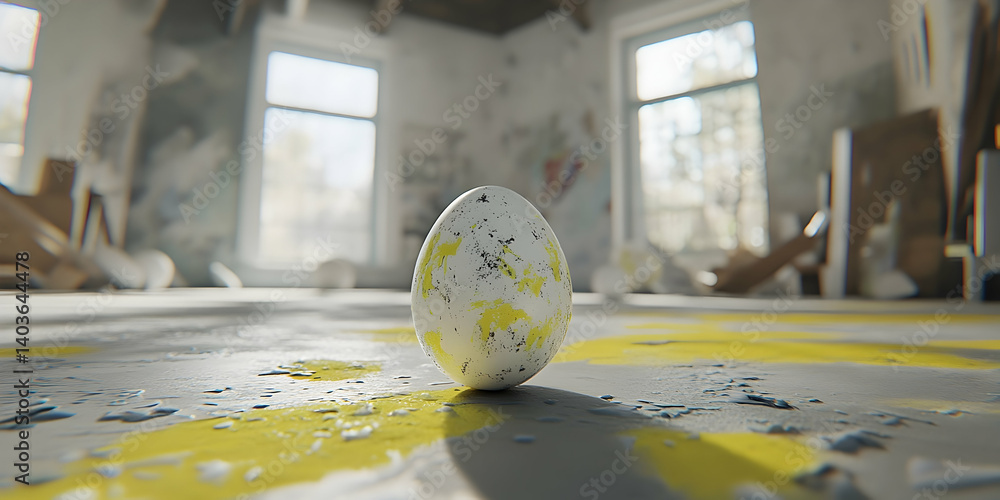 Surreal Art Fusion of Glossy Speckled Egg Yolk on Floor in Bright Interior with Splattered Yellow Paint and Artistic Background