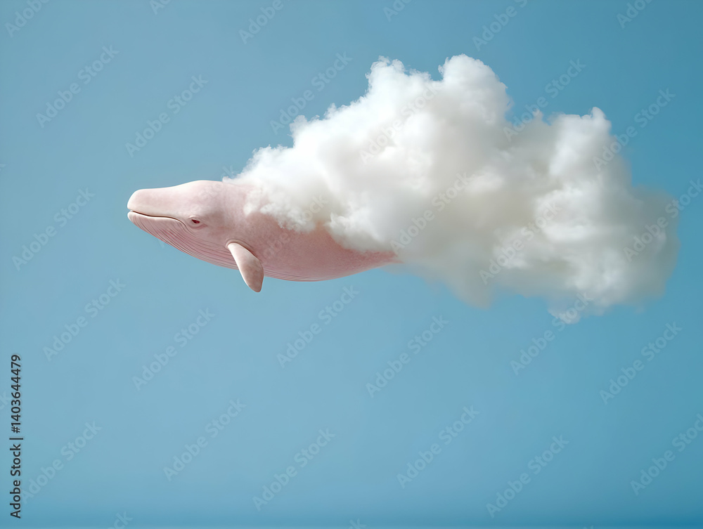 Surreal Pink Whale with Cotton Cloud Against a Gradient Blue Sky Dreamlike Whimsical Scene
