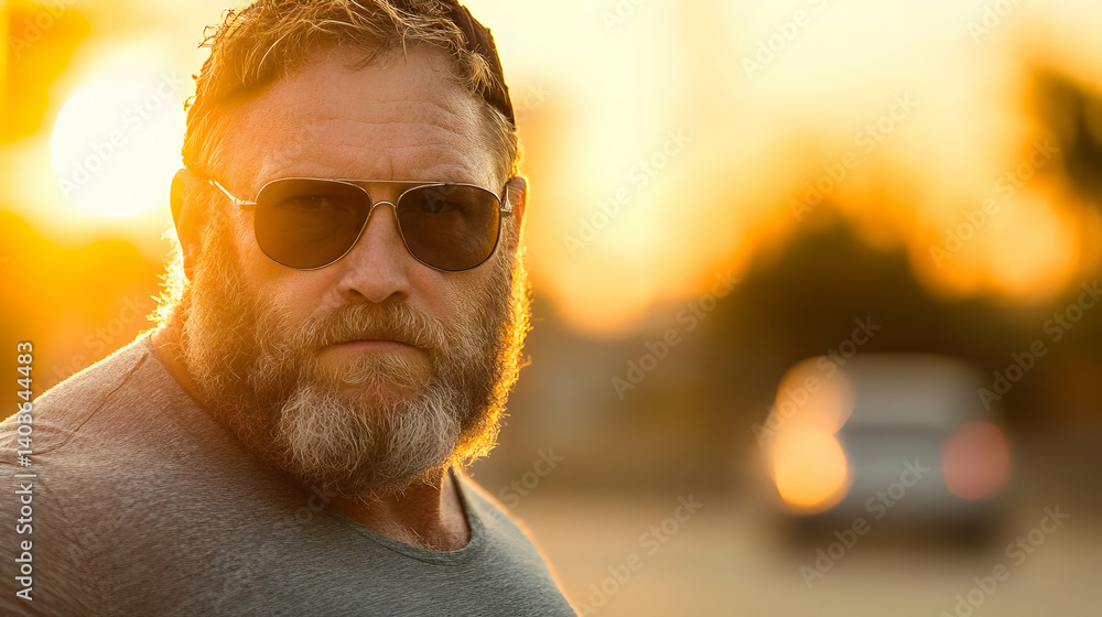 Sweaty Bearded Man In Sunglasses Under Golden Sunlight with Car Background