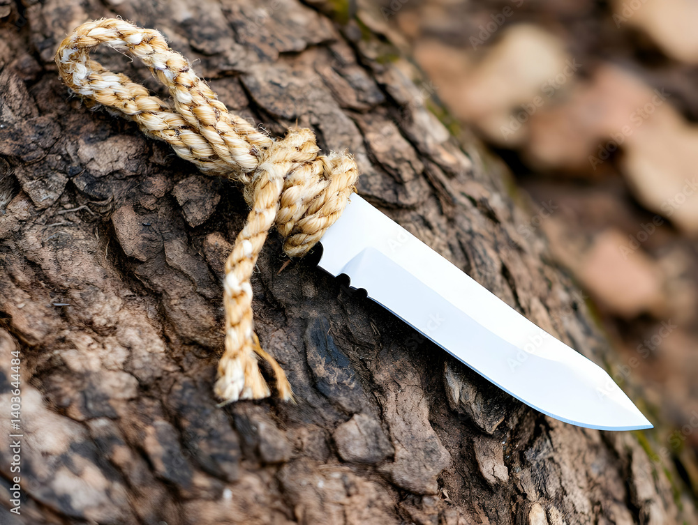Survival Knife with Braided Rope Handle Resting on Textured Tree Bark Close Up