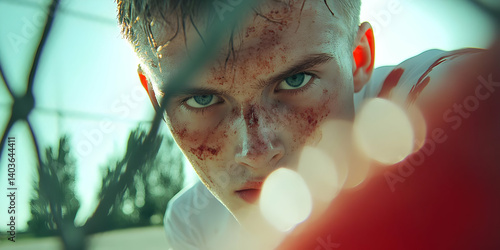 Obraz na płótnie Sweaty Intense Portrait Of Determined Athletic Man With Blue Eyes Outdoors Under Bright Light w salonie