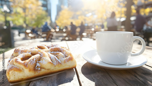 Obraz na płótnie Sweet Cinnamon Roll and Hot Coffee on Rustic Table in Sunny Outdoor Cafe with Blurred City Park Background w salonie