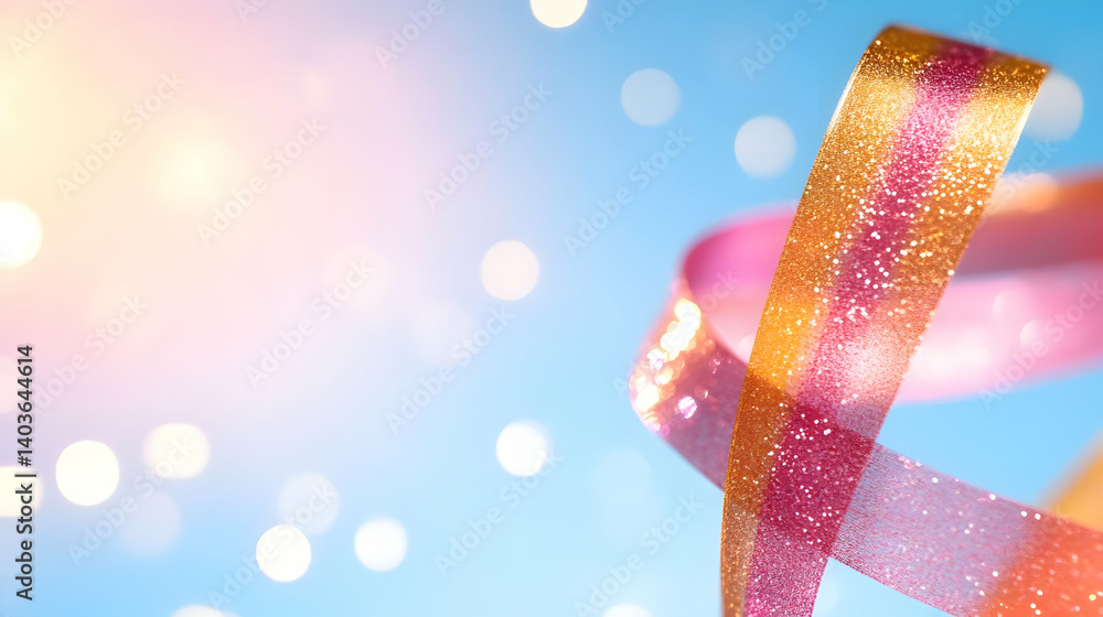 Swirling Shimmering Pink and Orange Ribbon on Light Blue Background with Bokeh Lights Festive Holiday Celebration