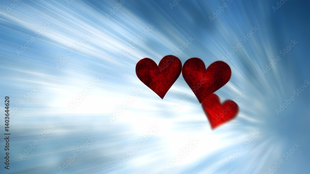 Swirling Red Hearts on Abstract Pastel Background with Sunburst Light Effects