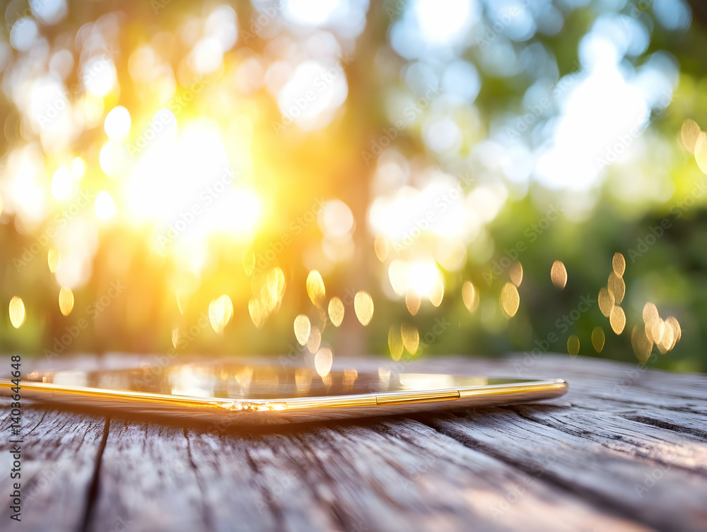 Tablet on Wood Table with Green Bokeh Background and Golden Sun Rays