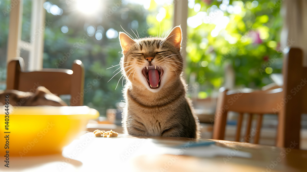 Tabby Cat Yawning with Open Mouth on Table with Food Indoors in Bright Sunlight