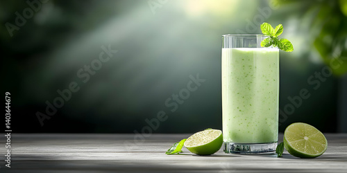 Tall Glass of Green Smoothie with Lime and Mint Leaves on Wooden Surface with Blurred Foliage Background in Natural Light