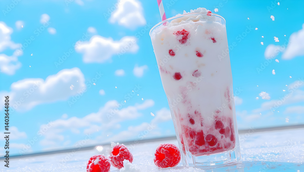 Tall Raspberry Milkshake Topped With Cream with Red Straw and Fruit Against Sunny Cloudy Sky Background