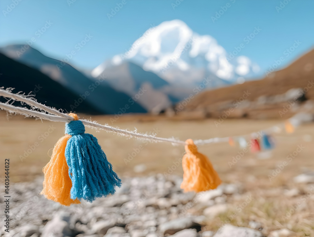 Tassels Hanging with a Snowy Mountain Peak in the Background under a Blue Sky on a Sunny Day