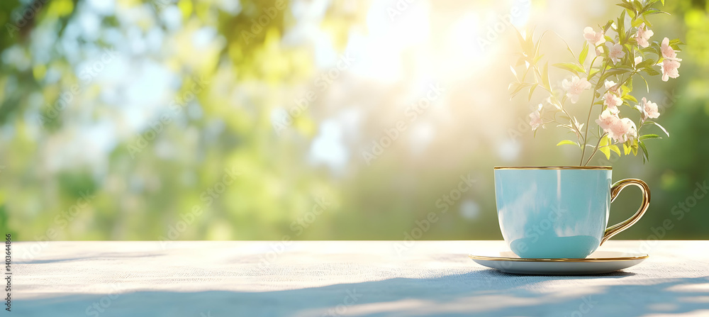 Teacup with Flowers on Wooden Table Against a Sunny Green Background with Golden Accents