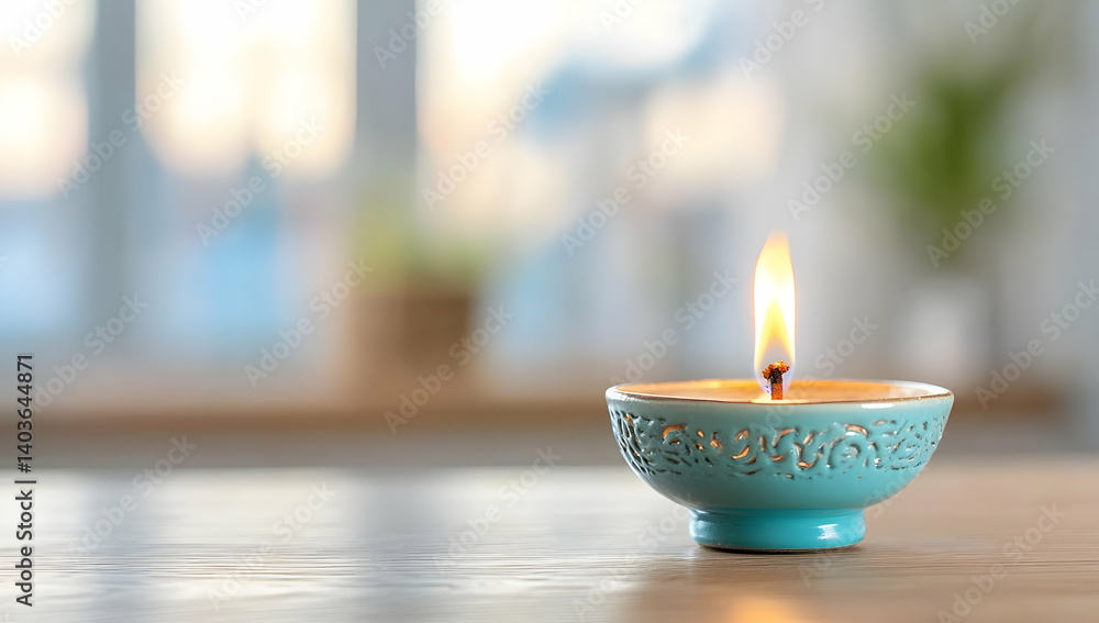 Teal Candle with Warm Glowing Flame on a Wooden Table Creating a Cozy and Relaxing Atmosphere with a Soft Blurred Background