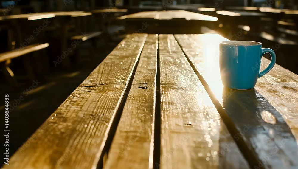 Teal Ceramic Mug on Rustic Wooden Table Bathed in Warm Sunlight Creates a Cozy Outdoor Scene