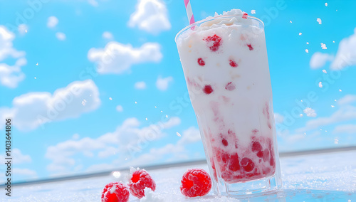 Obraz na płótnie Tall Raspberry Milkshake Topped With Cream with Red Straw and Fruit Against Sunny Cloudy Sky Background w salonie
