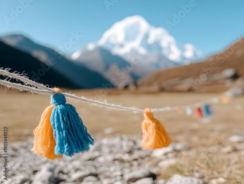 Tassels Hanging with a Snowy Mountain Peak in the Background under a Blue Sky on a Sunny Day