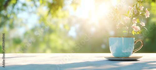 Obraz na płótnie Teacup with Flowers on Wooden Table Against a Sunny Green Background with Golden Accents w salonie