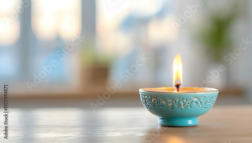 Obraz na płótnie Teal Candle with Warm Glowing Flame on a Wooden Table Creating a Cozy and Relaxing Atmosphere with a Soft Blurred Background w salonie