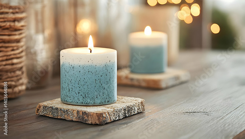 Teal and White Candles on Wooden Coasters with Flickering Flames Creating a Warm and Cozy Ambiance