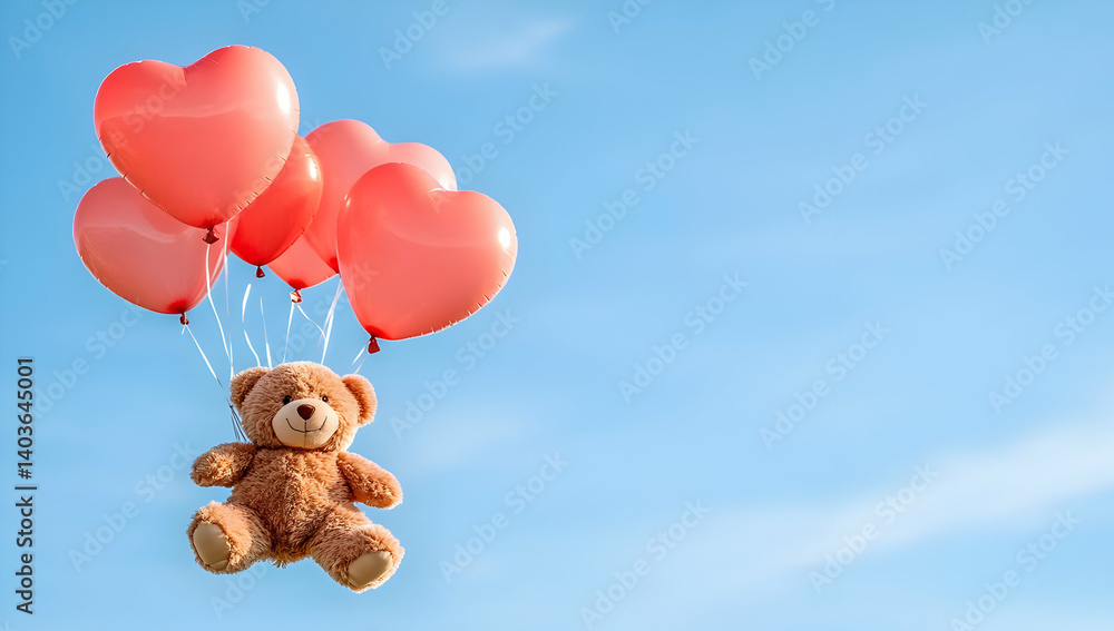 Teddy Bear Flying with Heart Balloons Against Blue Sky in Sunlight Illustration