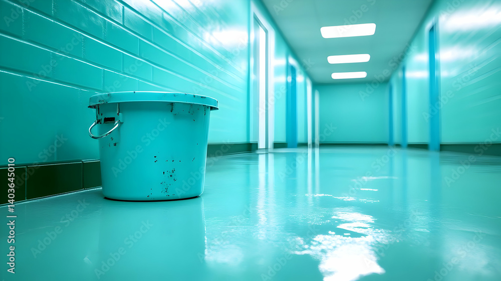 Teal Interior Hallway Featuring Plastic Bucket on Wet Floor with Reflections and Fluorescent Lighting