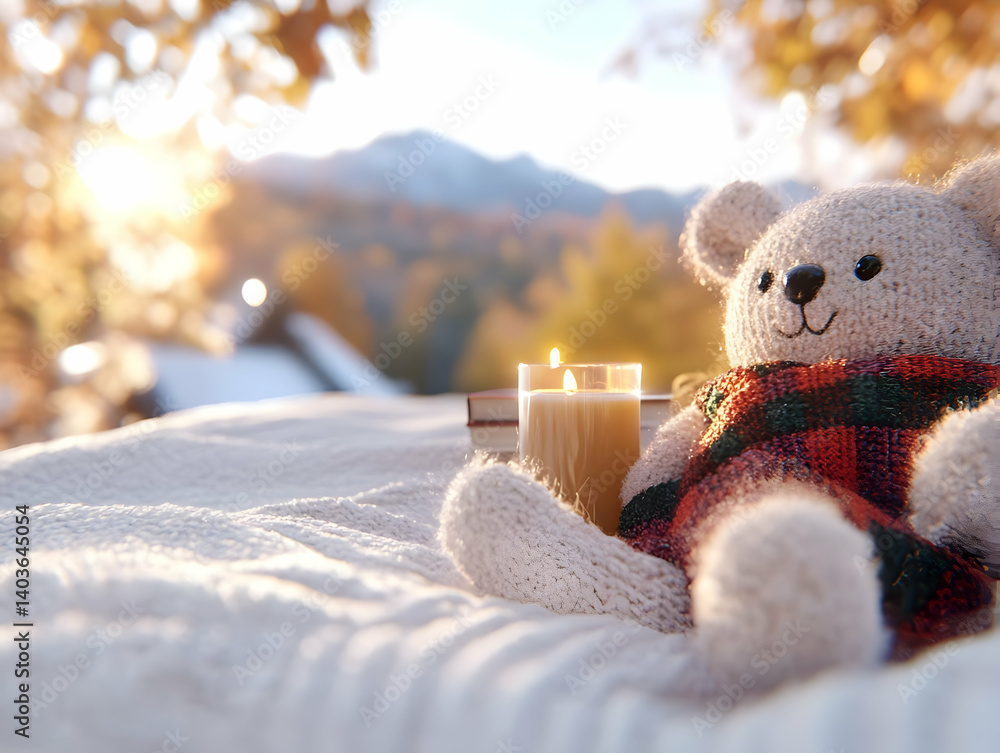 Teddy Bear with Plaid Scarf and Candle on White Blanket with Mountain View and Warm Sunlight