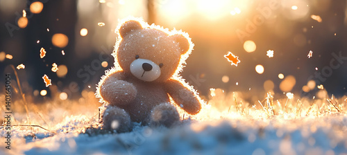 Obraz na płótnie Teddy Bear Sitting in Snow with Bokeh Lights and Backlit by Golden Hour Light During Winter Holiday Season w salonie