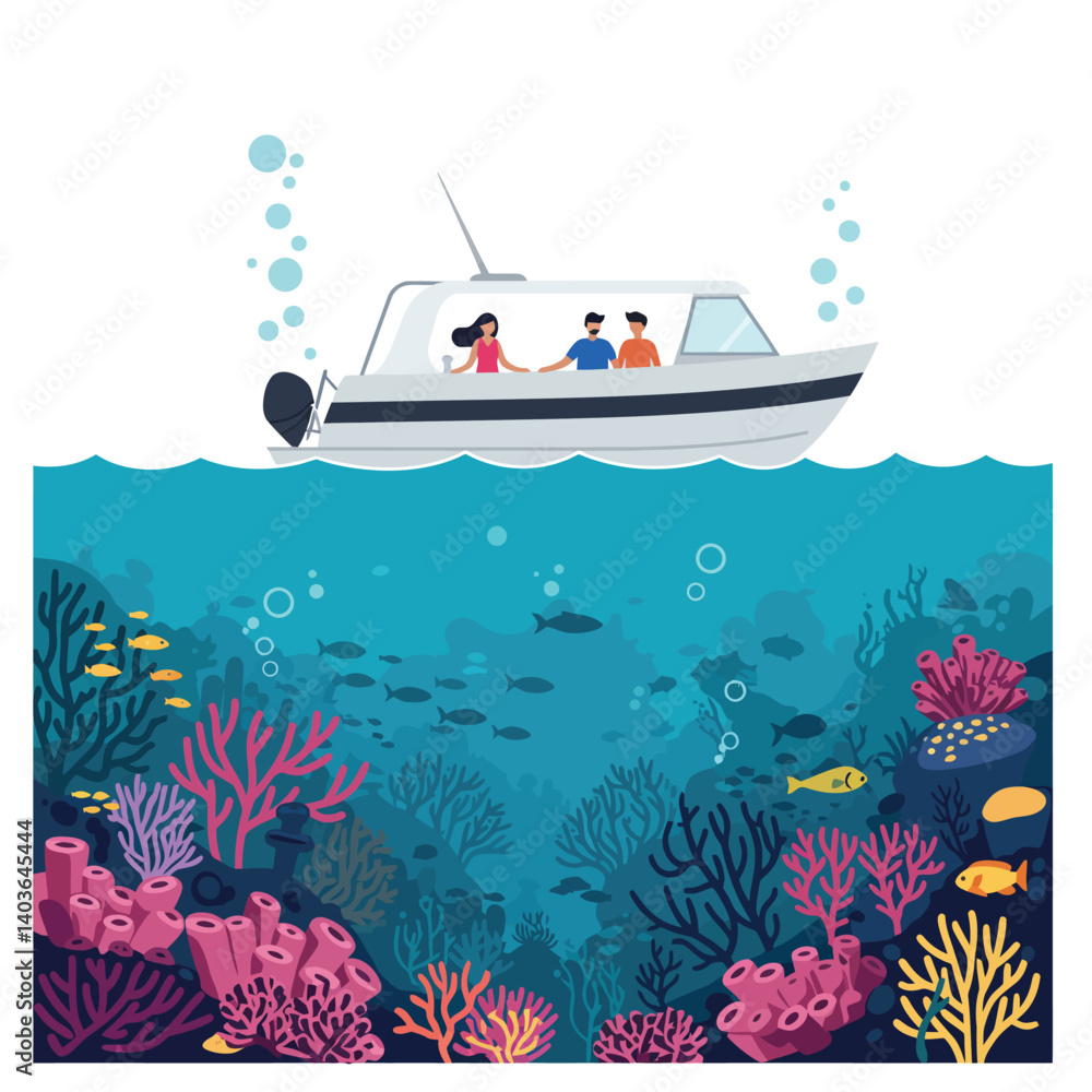 Naklejka premium Tourists on a boat observing vibrant coral reefs underwater during a sunny day