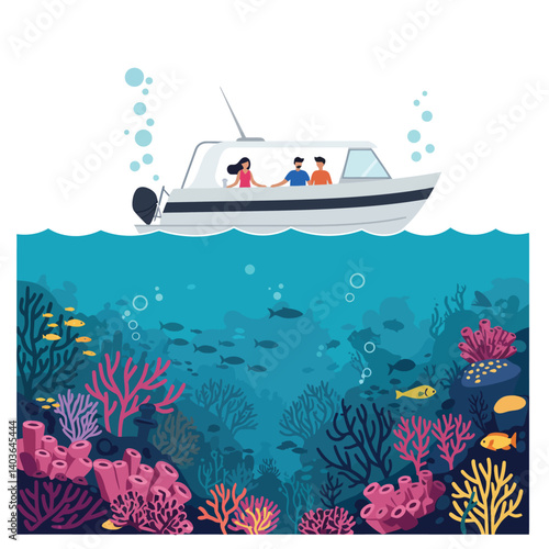 Tourists on a boat observing vibrant coral reefs underwater during a sunny day