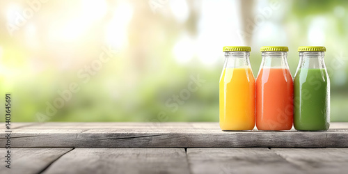 Three Glass Bottles With Various Flavored Juices On A Wooden Table With A Blurry Green Foliage Background