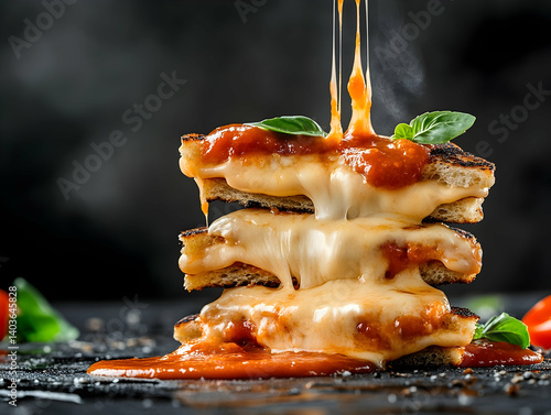 Three Layer Grilled Cheese Sandwich with Dripping Tomato Sauce and Basil Garnished on a Dark Background