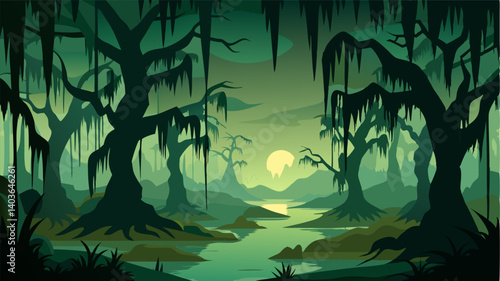 The Spanish moss hangs low from the branches of the cypress trees creating a hauntingly beautiful scene in the bayou.