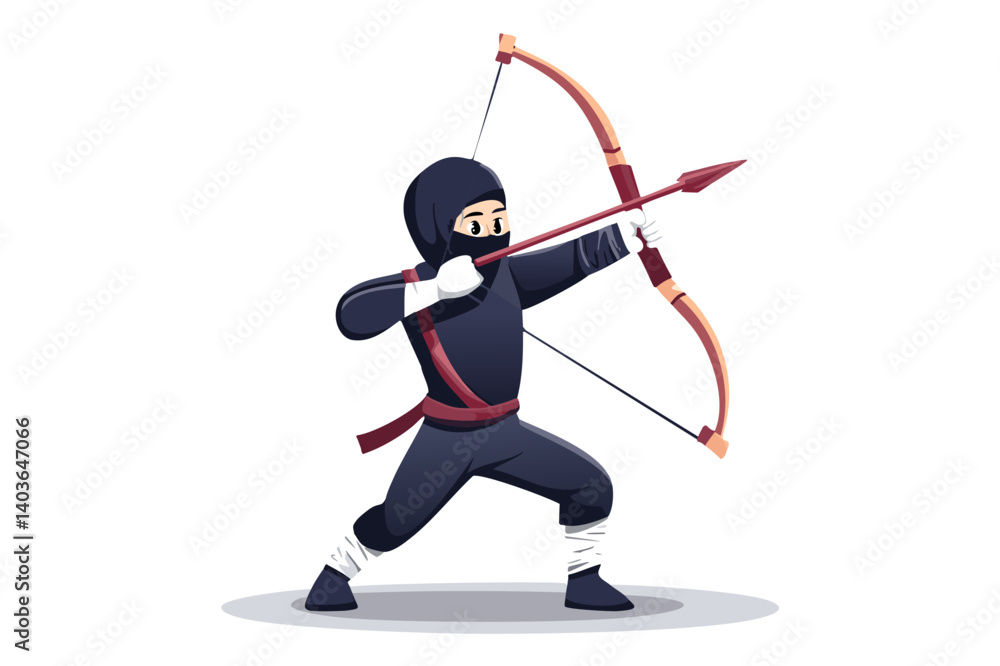 Cartoon warrior ninja - assassin - with a black mask on his face covering his face and a with a bow and arrow Cartoon warrior ninja - assassin - with a black mask on his face covering his face and a with a bow and arrow