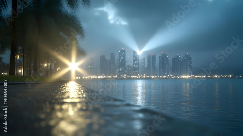 Tranquil Evening Cityscape with Glowing Lights Reflecting on Calm Water with Mist