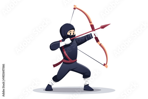 Cartoon warrior ninja - assassin - with a black mask on his face covering his face and a with a bow and arrow