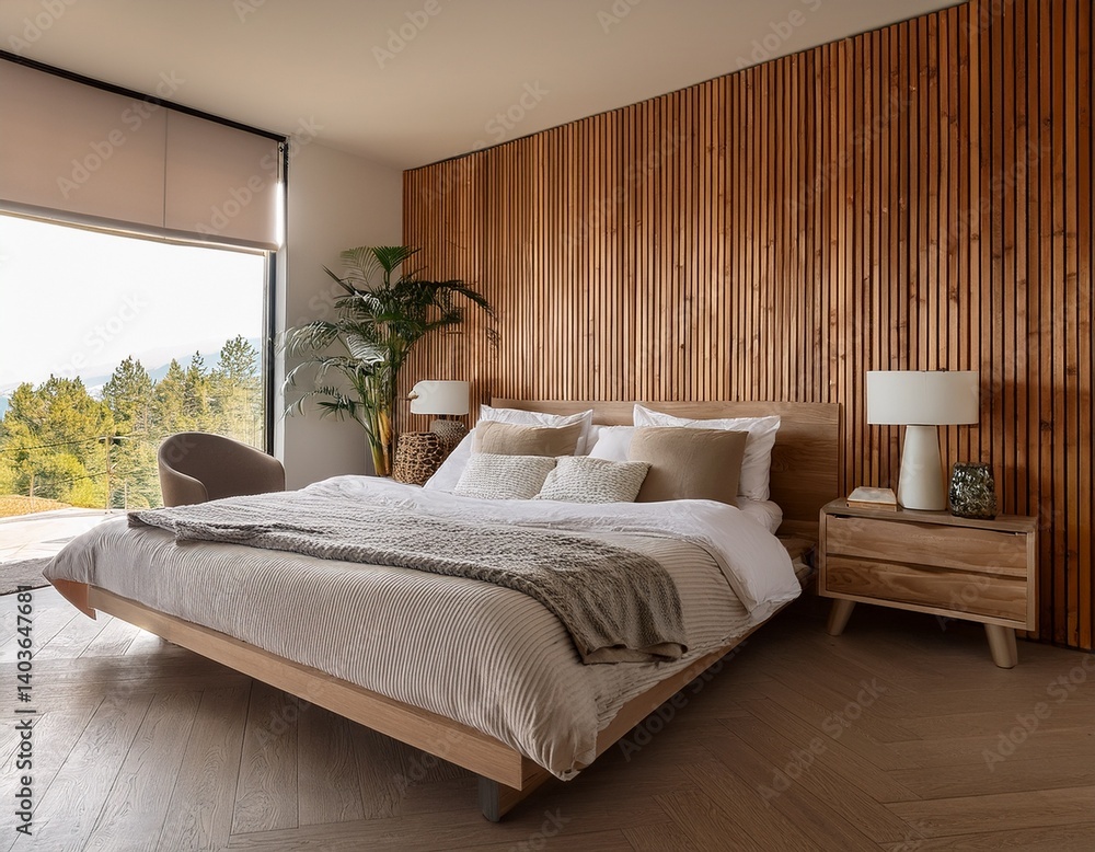 Fototapeta premium serene bedroom with wooden accent wall