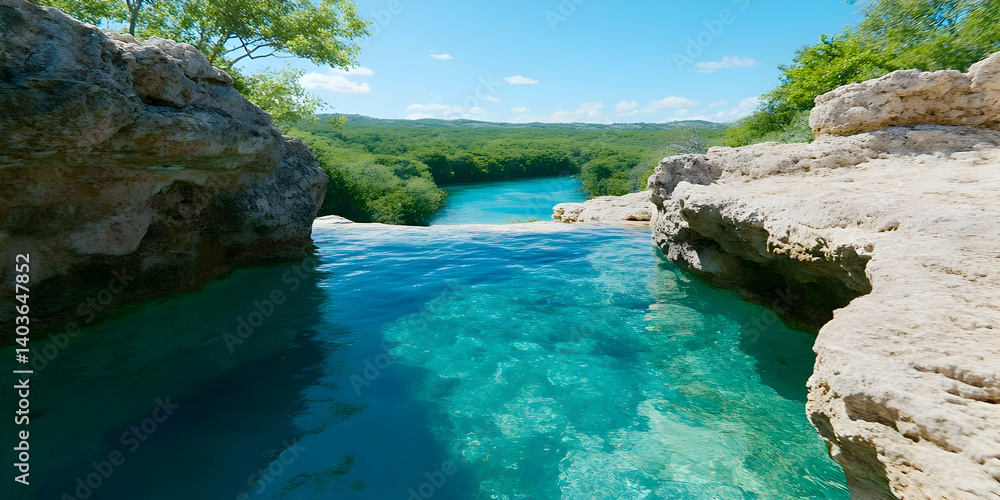 Turquoise Water Flowing Over Rock Formations Along Coastline on Sunny Day Turquoise Water Flowing Over Rock Formations Along Coastline on Sunny Day