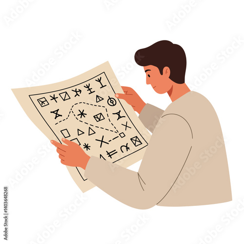 Person examining ancient symbols on a parchment with curiosity and focus
